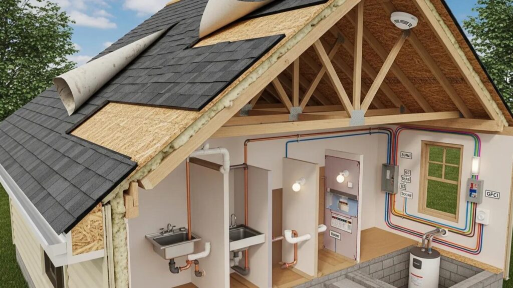 Close-up view of residential building systems, highlighting roofing, plumbing, and electrical elements relevant to home inspections