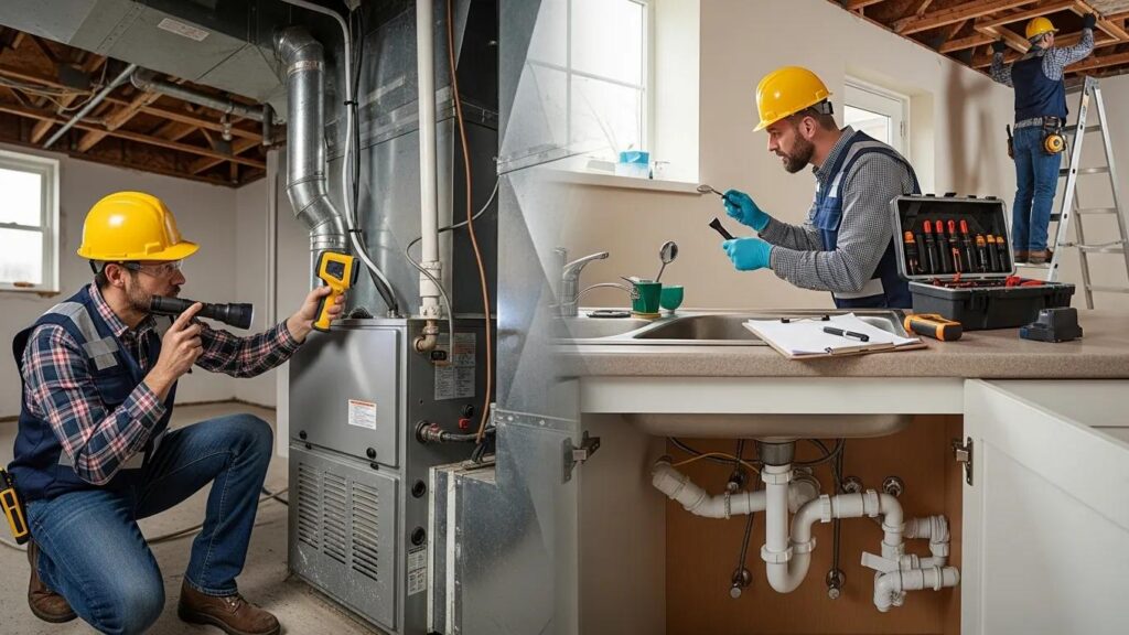 Home inspector assessing HVAC and plumbing during a property inspection