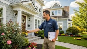 Home inspector evaluating a residential property, highlighting the inspection process