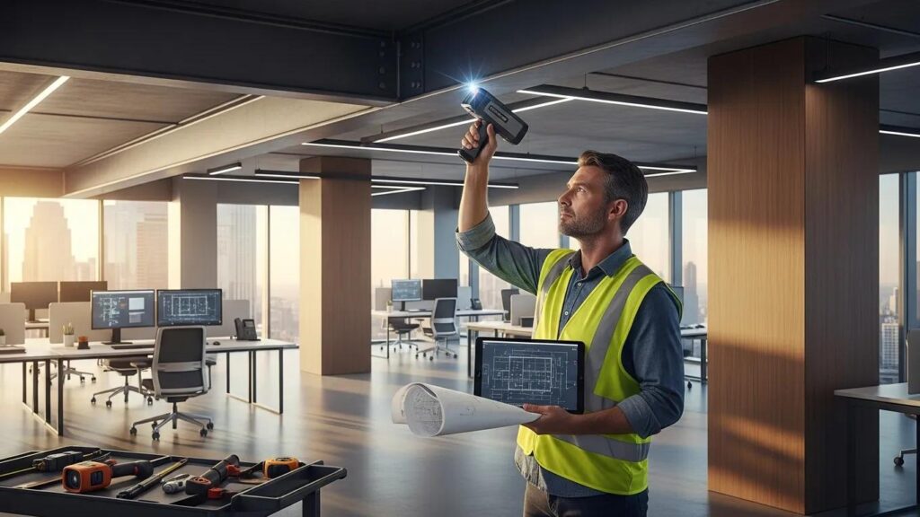 Inspector conducting a commercial property inspection to assess various structural components