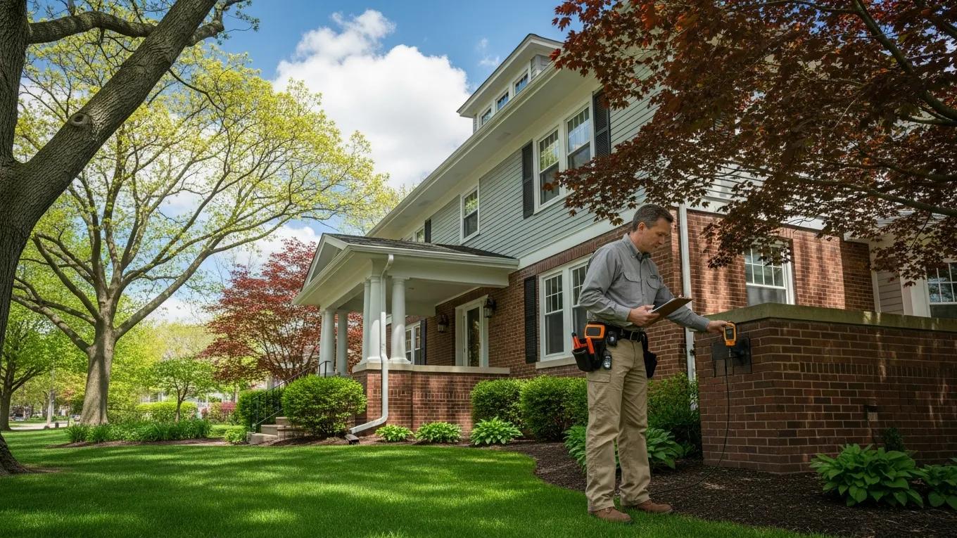 Inspector evaluating a residential property in Southeast Michigan, showcasing inspection tools and a well-maintained house