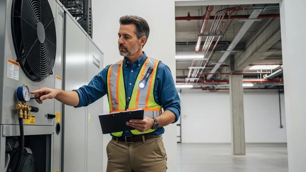Inspector evaluating commercial property components and systems