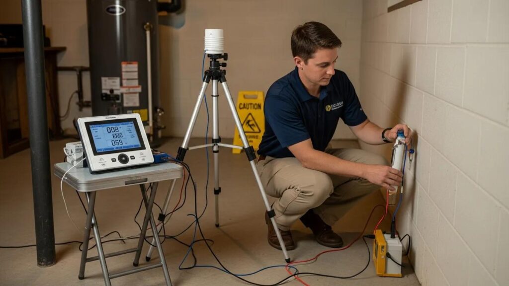 Inspector performing environmental testing in a home to assess air quality and safety standards